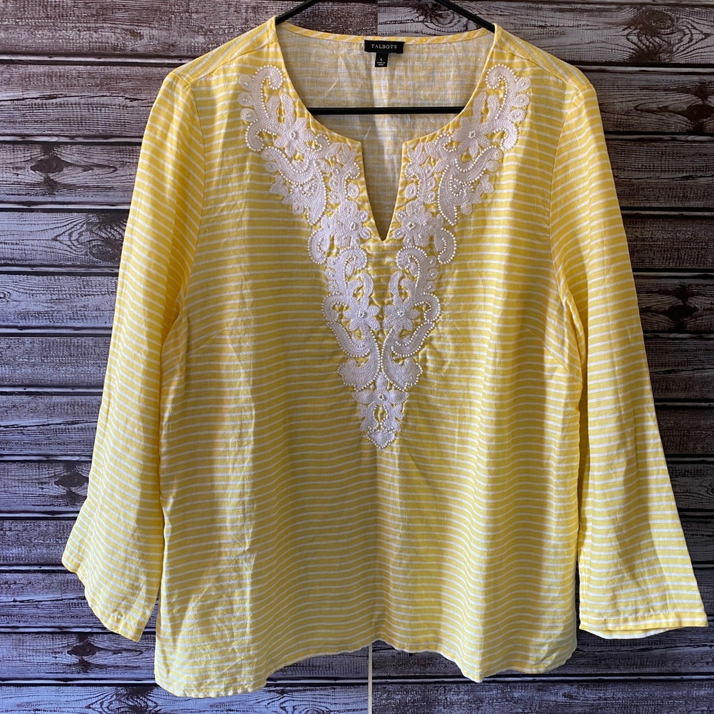 Talbots Women's Long-Sleeved Top Size L Yellow Striped Embellished Linen V-Neck